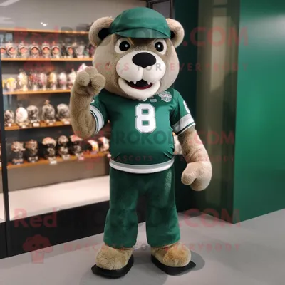 Produktbild von Waldgrüner REDBROKOLY Maskottchen Kostüm mit American-Football-Helm gekleidet in eine Latzhose und eine Lesebrille