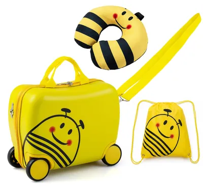 Produktbild von COSTWAY 3-tlg. Kinderkoffer Set, Kindergepäck mit Rucksack, Nackenkissen & abnehmbarer Zugleine, Hartschalenkoffer für Kinder ab 3 Jahren, Bienen