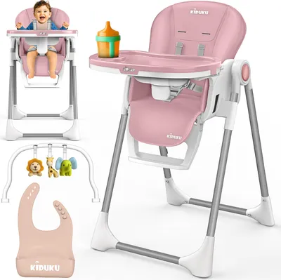 Produktbild von KIDUKU® Hochstuhl Baby 3in1 mit Neugeborenenaufsatz + Lätzchen, Spielbogen & Tisch | Kinderhochstuhl klappbar mit Liegefunktion | Kombihochstuhl höhenverstellbar | Babystuhl mitwachsend 0-36 Monate