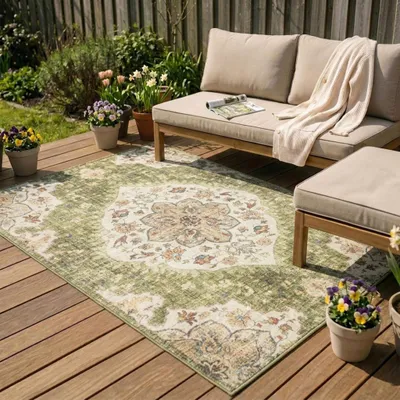 Image de Volero - Tapis ovale à poils longs - Santo Mandala Vert - 160x230 cm