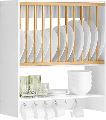 Produktbild von KCR09-W, Wand-Tellerregal, für 11 Teller, mit 7 Metallhaken, weißes Küchenregal
