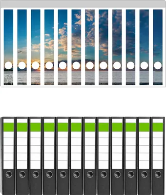 Produktbild von Wallario 12 Stück schmale Ordner inkl. Klebeetiketten mit Motive Sonnenuntergang über einem Fluss -  Set mit Rückenschildern / Ordnerrücken Stickern