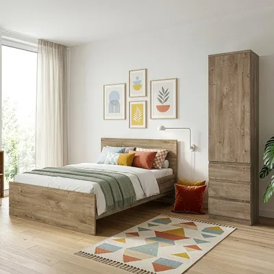 Produktbild von Jugendzimmer-Set mit Bett 120x200 cm & Schrank in Eiche, modern, 2-teilig - FORTALEZA-129