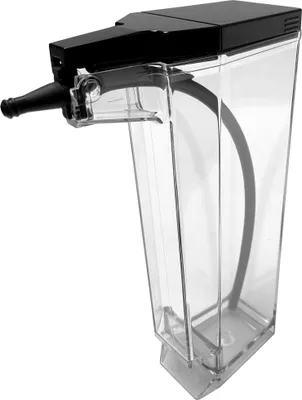 A black and clear plastic coffee machine water tank with a black hose attached.