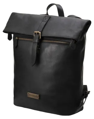 Leder-Rucksack mit Rolltop, bis 16 l, Laptopfach, schwarz