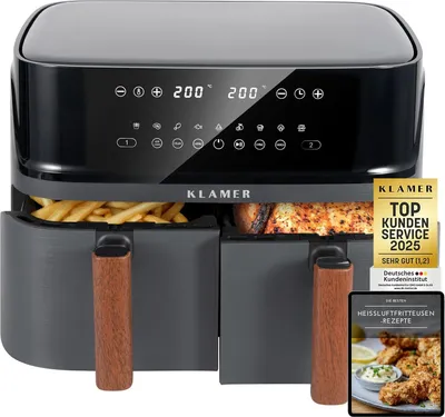 Produktbild von KLAMER Heißluftfritteuse Duo 9 L – Doppelkammer Airfryer mit 2 Körben & Digitaldisplay, 10 Automatikprogramme, Dual-Funktion, Timer, 3000 W Heißluft-Zirkulation, spülmaschinengeeignet