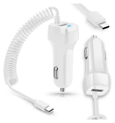 A white car charger with a coiled USB-C cable and a separate USB-C cable and charger.