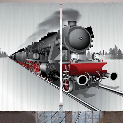 Produktbild von ARANDE Dampfmaschine Gardine, Lokomotive Rote Schwarze Bahn Auf Stahlbahn Schiene Reise Abenteuer Grafik, 280 x 260 cm, Grau und Rot