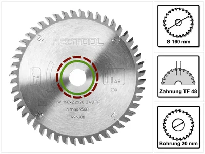 Zdjęcie produktu dla Specjalna tarcza pilarska Festool HW 160 x 2,2 x 20 mm TF48 160 mm 48 zębów ( 496308 )