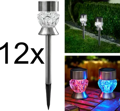 Produktbild von Solarlampen für Außen aus Edelstahl mit Glas im Diamanten-Look, kalt-weiße LED/bunt, kabellos und wetterfest, dekorative Solarleuchte für den Garten, Terrasse und Balkon (12)