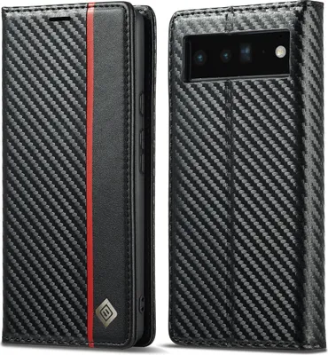 Produktbild von Hülle für Google Pixel 6 Pro Kohlefaser Leder Brieftasche Schutzhülle mit Standfunktion Schwarz Vertikale Rot