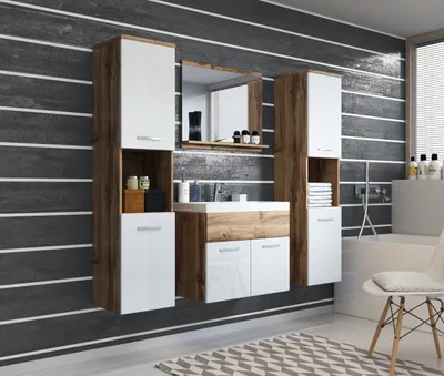 Produktbild von MINIO go for it, Badmöbel, 4-Teilig Set "MONAL", mit Waschbecken, Wotan Farbe/ Weiss Glanz Farbe