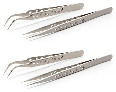 4 Präzisionspinzetten, antistatisch, Edelstahl, 2 gerade, 2 gebogen