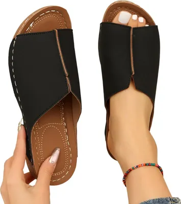Produktbild von 1 Paar Damensandalen aus Kunstleder mit dicker Sohle, zum Hineinschlüpfen, offene Zehenpartie, feste Nähte, einfarbig, rutschfest, verschleißfest, leicht, für den Strand zu Hause, Keilsandalen