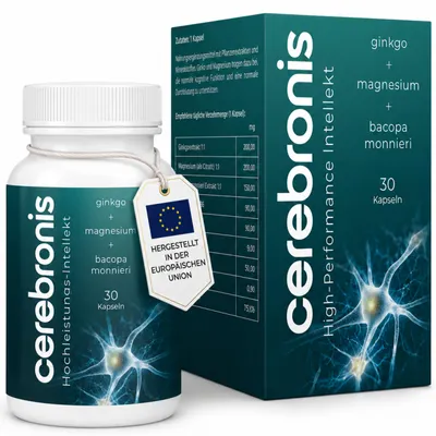 Produktbild von Cerebronis Gehirn Kapseln – Ginkgo, Bacopa monnieri, Magnesium, Koffein, L-Tyrosin, Rhodiola | Konzentration & Fokus | 30 Kapseln