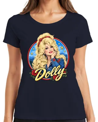 Zdjęcie produktu dla Damska koszulka z nadrukiem przedstawiającym Dolly Parton, ikony country, w stylu westernowym. Kolor: granatowy. Rozmiar: S