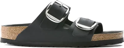A black Birkenstock sandal with silver buckles is shown against a white background.
