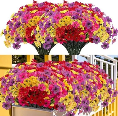 Produktbild von Famanu Kunstblumen für Außenbereich, wetterfest, 16 Bundles - Rot, Gelb, Rosa, Lila