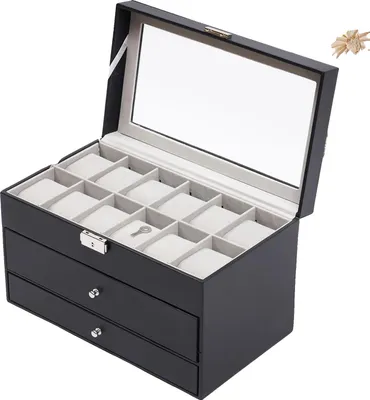 Obrázek produktu pro Šperkovnice, 3úrovňové úložiště, 33,7*19,4*20,5 cm, 6 přihrádek na brýle, 12 přihrádek na hodinky, moderní styl