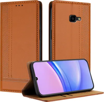 A brown leather flip case for a smartphone is shown open, with the phone inside.