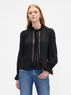 Produktbild von GAP Damen Bluse Satin Schwarz XL mit lockerer Passform, Ballonärmeln und Rüschen