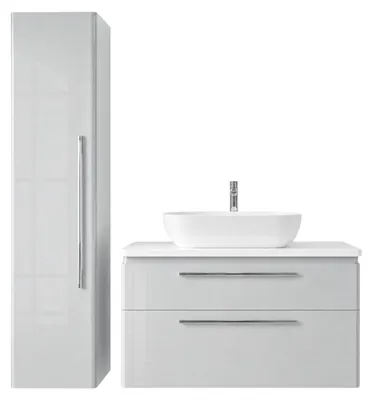 Produktbild von Badmöbel Set MOBI 90 cm - Grau Hochglanz - 2 Waschbecken - Waschbeckenunterschränke + Hochschrank - Badezimmerschränk