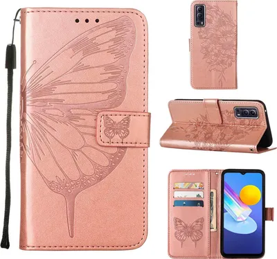 Obrázek produktu pro VIVO Y72 5G Pouzdro, Motýlí Reliéf Flip Kožené Pouzdro s Kapsami na Karty a Stojánkem pro VIVO Y72 5G / Y52 5G Růžové zlato