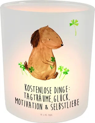 Produktbild von Mr. & Mrs. Panda Windlicht Deko Hund Kleeblatt - Transparent - Geschenk, aus Glas, Glücksbringer, Terrasse, Teelichthalter, Liebe, Sprüche, Selbstliebe, Kerzenhalter