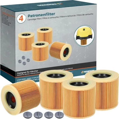 A product package containing cartridge filters, with filters also displayed outside the box.
