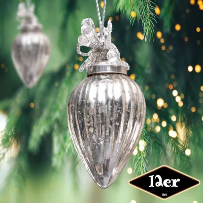 Produktbild von Christbaumkugelset in Zapfen-Form, 12er Set | Glas, Silber, Struktur | H10,5xB5,0cm