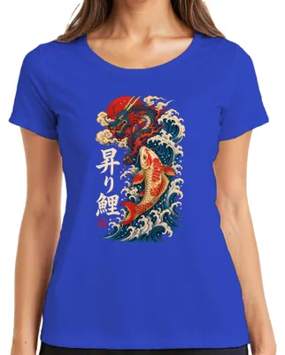 Produktbild von Japan Drache Karpfen Nobori Koi Welle Sonne Tattoo Y2K Irezumi Zen Damen T-Shirt, Blau, L