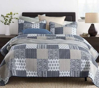 Obrázek produktu pro Třídílná sada ložního prádla, 230 x 250 cm, patchworková přikrývka, ložní prádlo, přikrývka na dvojlůžko, černá a modrá