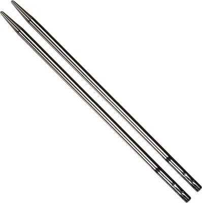 Two knitting needles are shown diagonally against a white background.