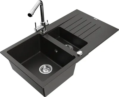 Produktbild von Mexen Matias 1,5-Becken-Granitspüle mit Abtropffläche und Mischbatterie Duero, Schwarz/Gold metallisch - 6502-75-671600-00