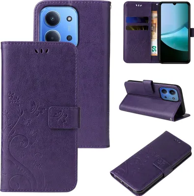 Produktbild von Handyhülle für Xiaomi Redmi 15C Floral Blumen Schmetterling Flip Cover Hülle Case Klapphülle Handytasche Farbe: Violett