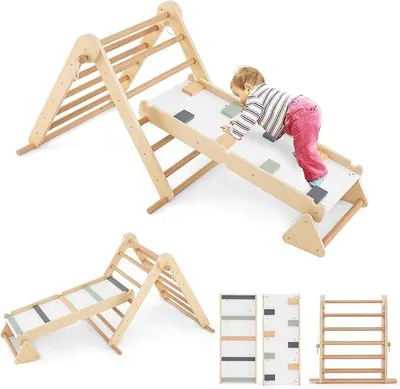 Imagen del producto de Juego de escalada 3 en 1 para interiores, estructura triangular de madera para bebés, set de escalada para niños a partir de 3 años, 115 x 69 x 59 cm, color natural