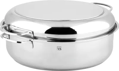 A shiny, silver stainless steel pot with a lid and handles.
