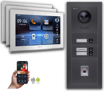 Produktbild von Goliath IP Video Türsprechanlage: 10-Zoll 3 Familienhaus, Fingerprint, Anthrazit : 10 Zoll Weiß : 4er POE : Aufputz Dose Anschluss: 4er POE Monitor Farbe: 10 Zoll Weiß Montage: Aufputz Dose
