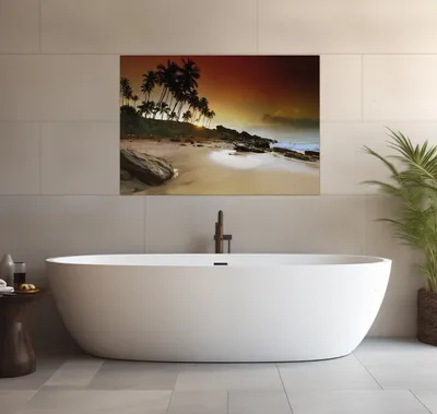 Produktbild von Wallario wasserfestes Poster selbstklebend 70 x 100 cm, Sri Lanka - Palmenstrand mit Sonnenuntergang, Badezimmerposter Spritzschutz mit Hochglanzoberfläche in Glasoptik