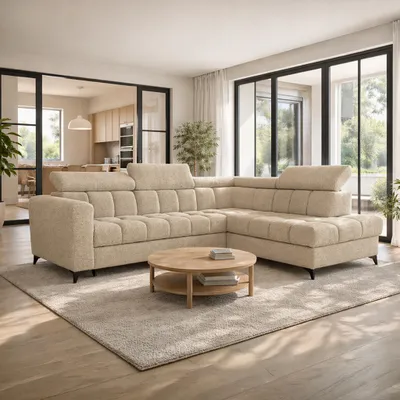 Produktbild von Ecksofa CAPRIO, Wohnzimmer, modernes Schlafsofa Sofa 5-Sitzer Sofa freistehendes Polstersofa Bettkasten 262 cm rechte Ottomane Beige Marcello 04