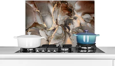 Produktbild von KitchenYeah®  Spritzschutz Küche - Küchenrückwand - Wandschutz für Herd und Spüle - Grau - Gold - Marmor - Marmoroptik 60x40 - Alu-Dibond (Alternative zum Spritzschutz aus Glas) - Hitzebeständig - Her
