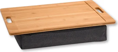 A lap desk with a bamboo top and a dark gray fabric cushion base, shown from a slightly elevated angle against a white background.