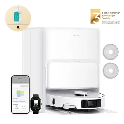 A white robot vacuum cleaner with its docking station, a bottle of cleaning fluid, a smartphone, and a smartwatch are displayed against a white background.