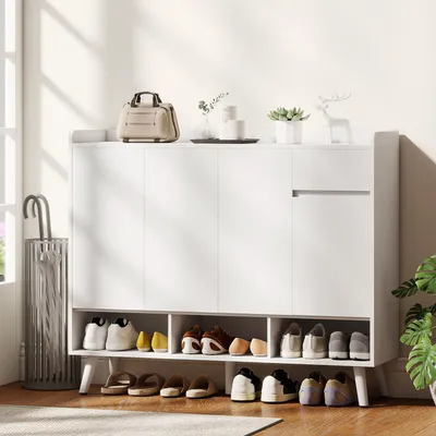 Image de Armoire à chaussures sans poignées, 4 portes, meuble à chaussures avec tiroir, blanc | 120 x 35 x 100 cm | 4 étagères réglables | 5 pieds en bois