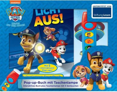 A colorful illustration of Paw Patrol characters with a pop-up book and flashlight.