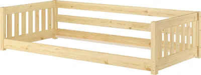 A wooden bed frame with side rails, shown from a diagonal angle.