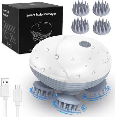 Produktbild von Kopfhautmassagegerät, elektrischer Kopfmassageapparat, wasserdicht, mit 4 Massageköpfen und 3 Massageprogrammen, tragbares Kopfmassagegerät, elektrischer Kopfmassageapparat