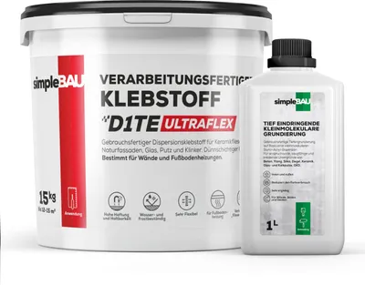 Produktbild von SimpleBau Fertigfliesenkleber 15KG Universal Kleber für Gipskartonplatten +1L Grundierung. Osb,Kleber für schwierige Untergründe Kleber