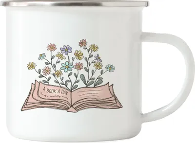 Produktbild von A book a day keeps reality away Emaille Tasse Leseratte Bücherwurm   Geschenkidee Buch Fan