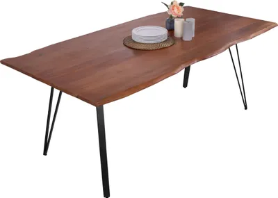 Produktbild von Esstisch Baumkante 220 x 100 cm Akazie massiv nussbaumfarben Metallgestell Schwarz CELIA